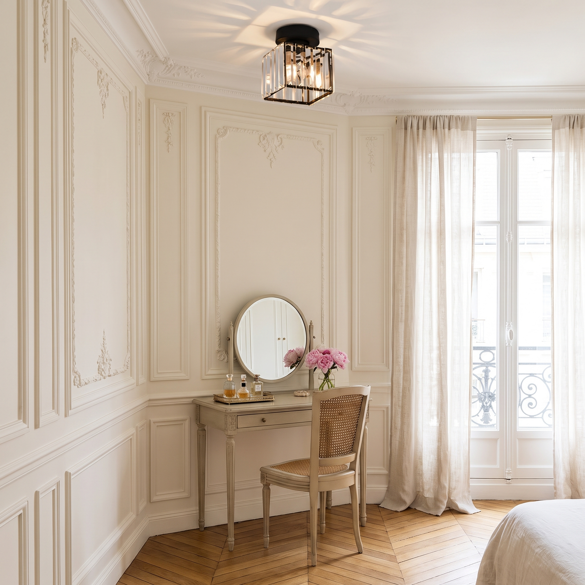 Arlo crystal ceiling light above a vanity in a bright Parisian style bedroom