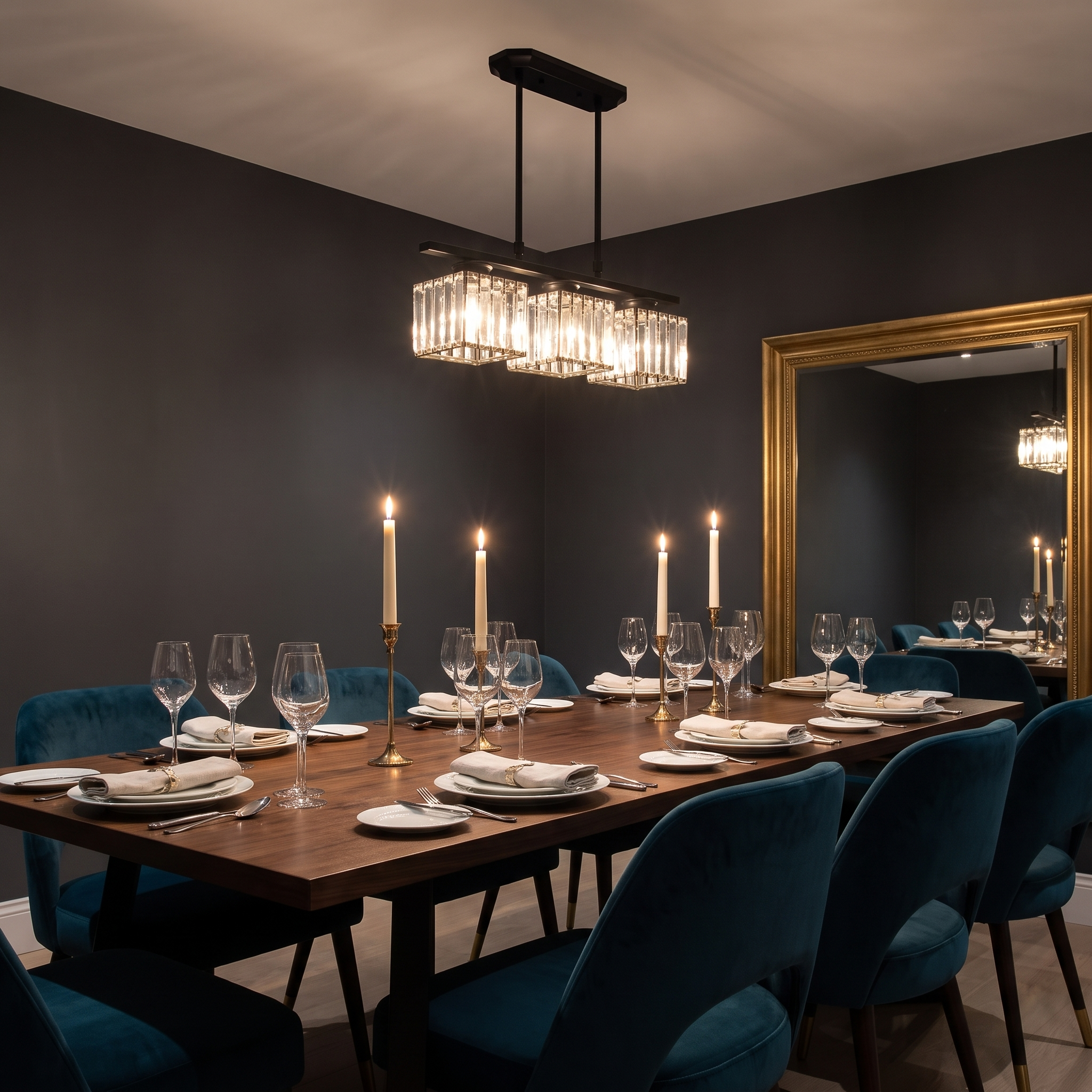 Fjord crystal pendant light above a candlelit dinner party table