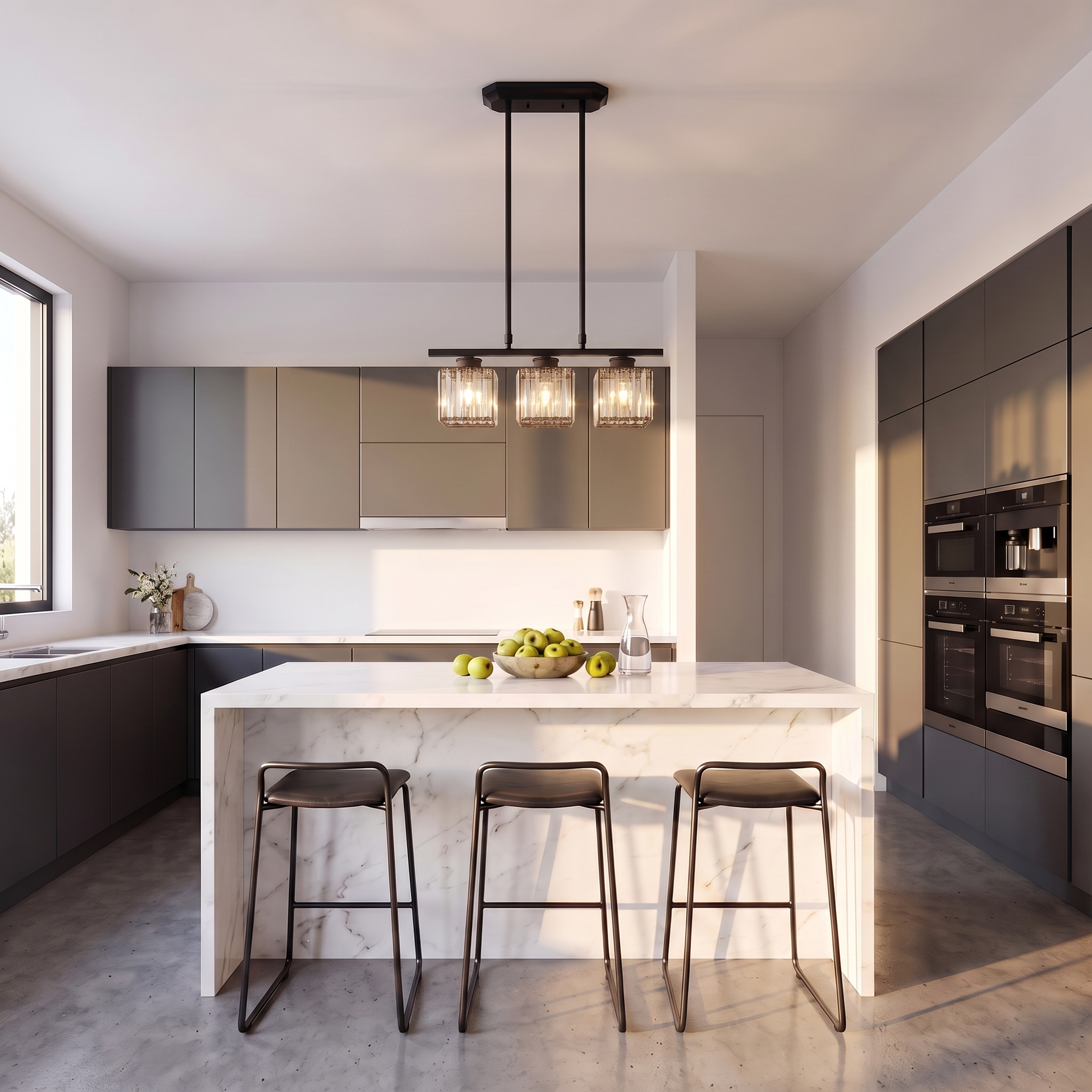 Fjord crystal pendant light above a marble kitchen island