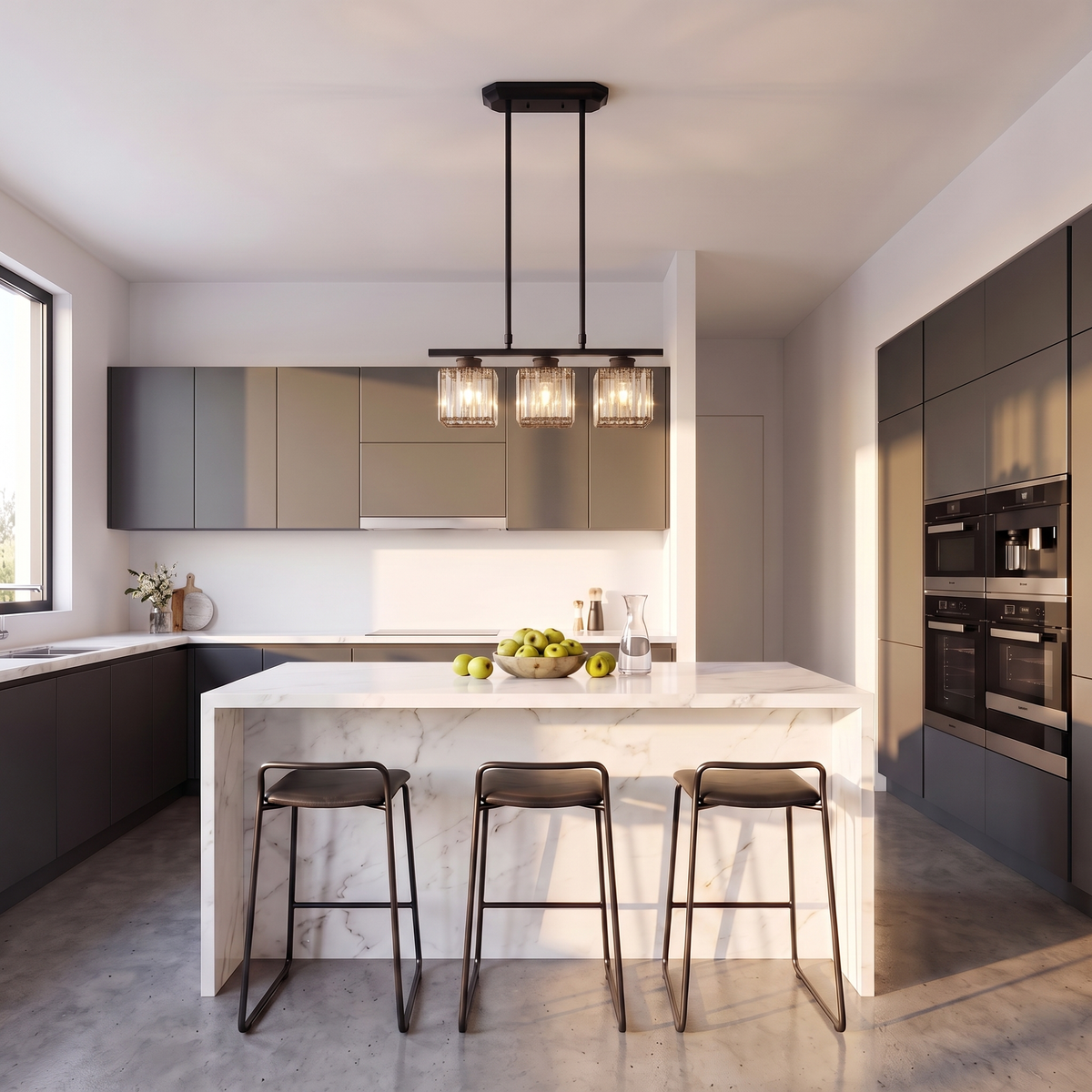 Fjord crystal pendant light above a marble kitchen island