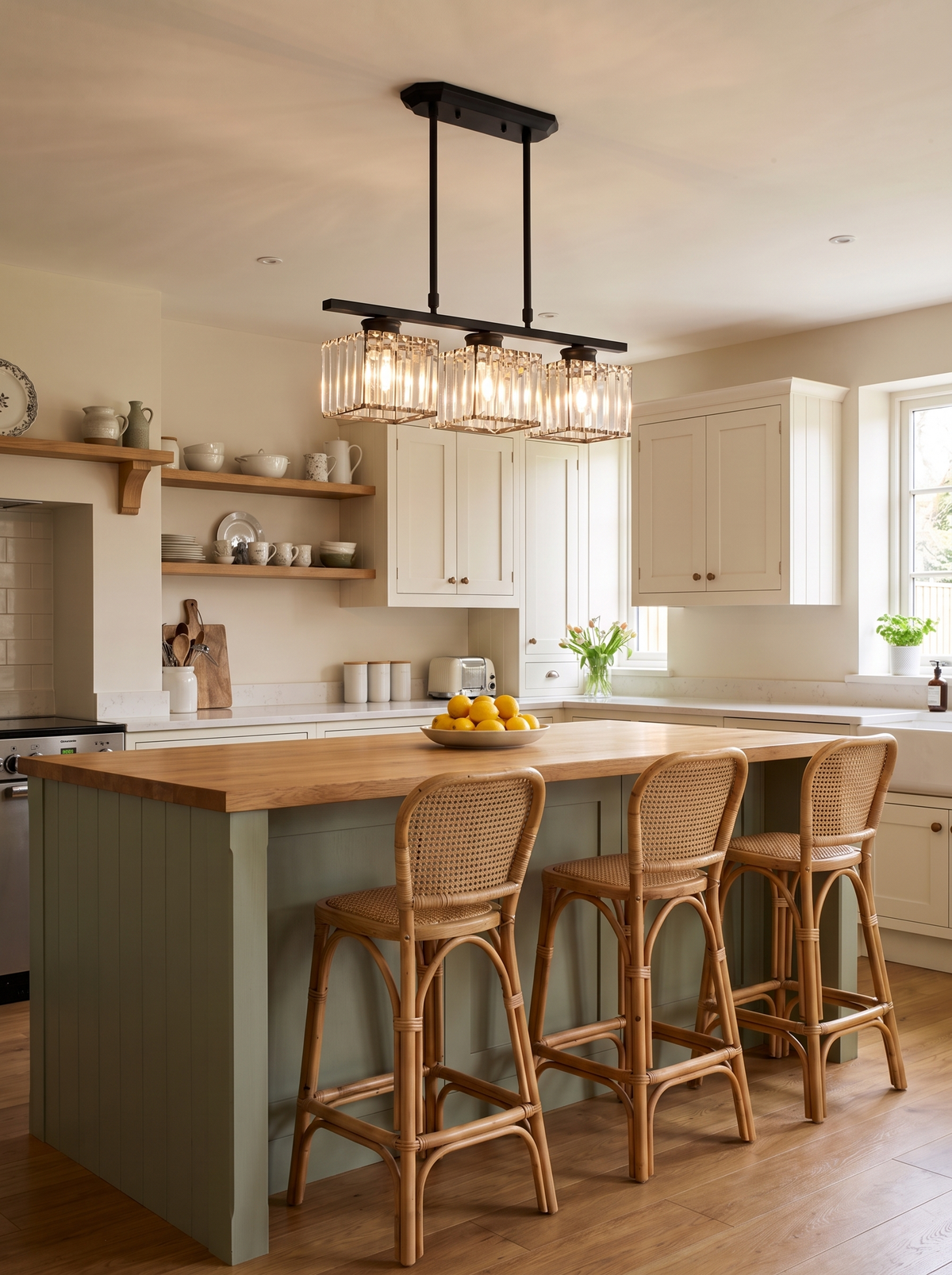 Fjord crystal pendant light above a sage green kitchen island