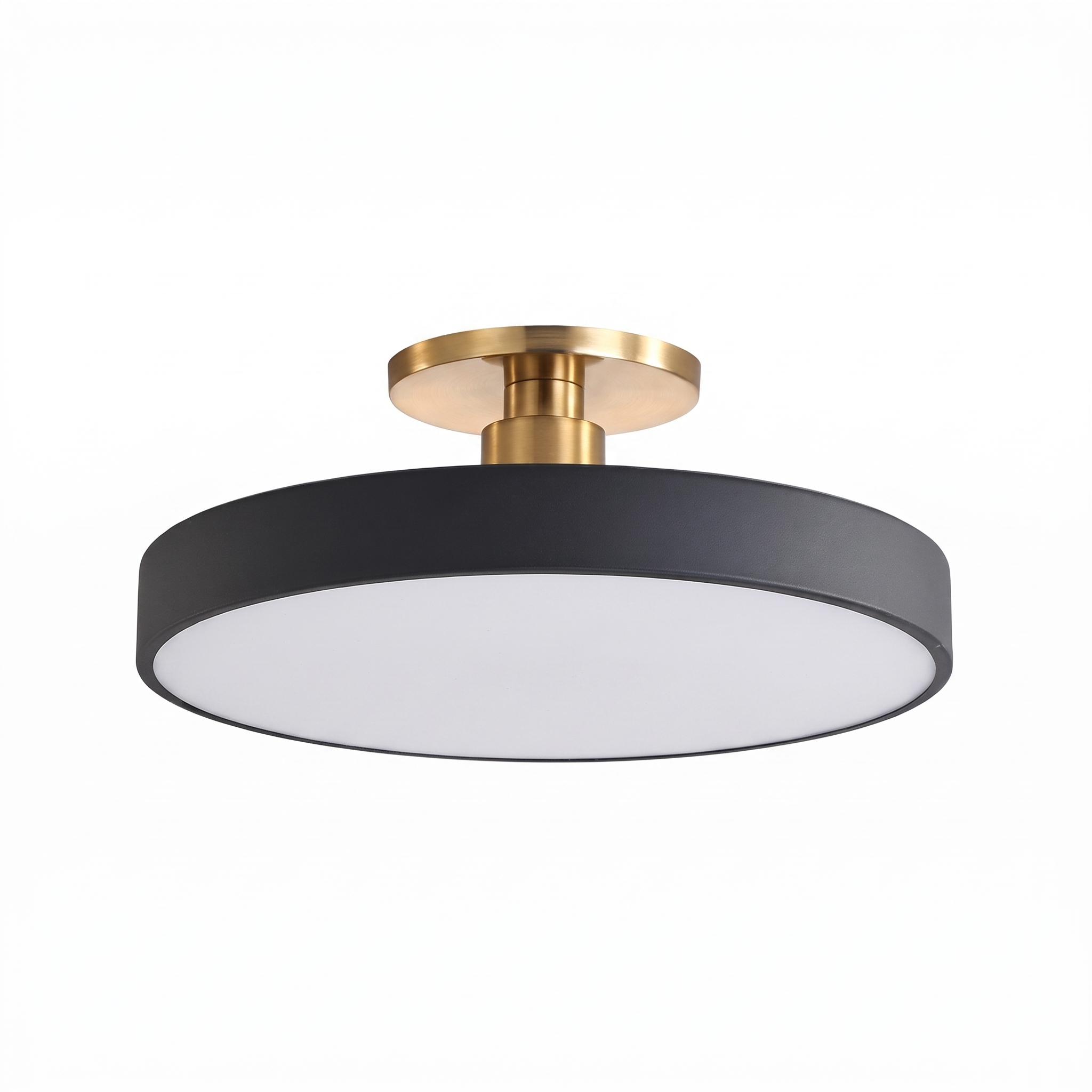 Halo black and brass semi flush LED ceiling light on a white background