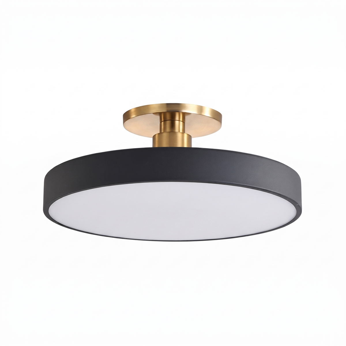 Halo black and brass semi flush LED ceiling light on a white background