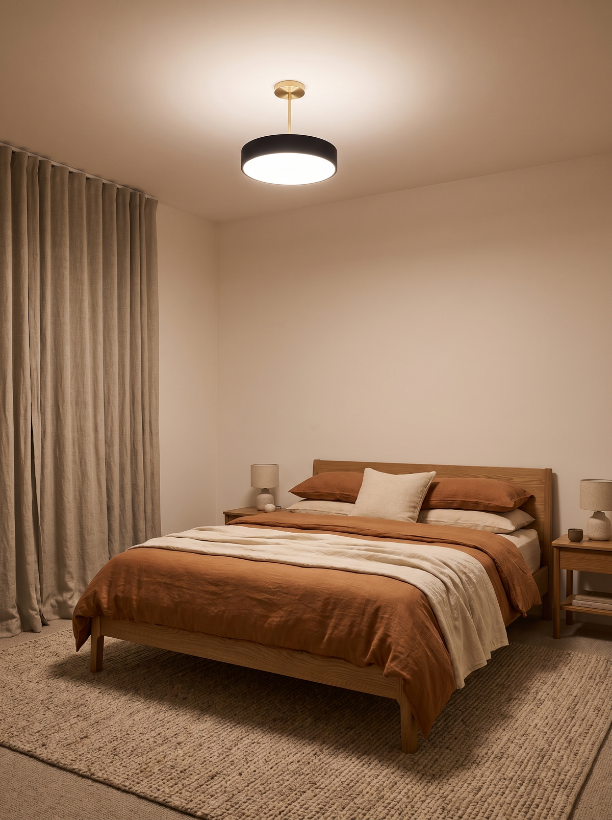 Halo ceiling light giving soft even light in a bedroom in the evening
