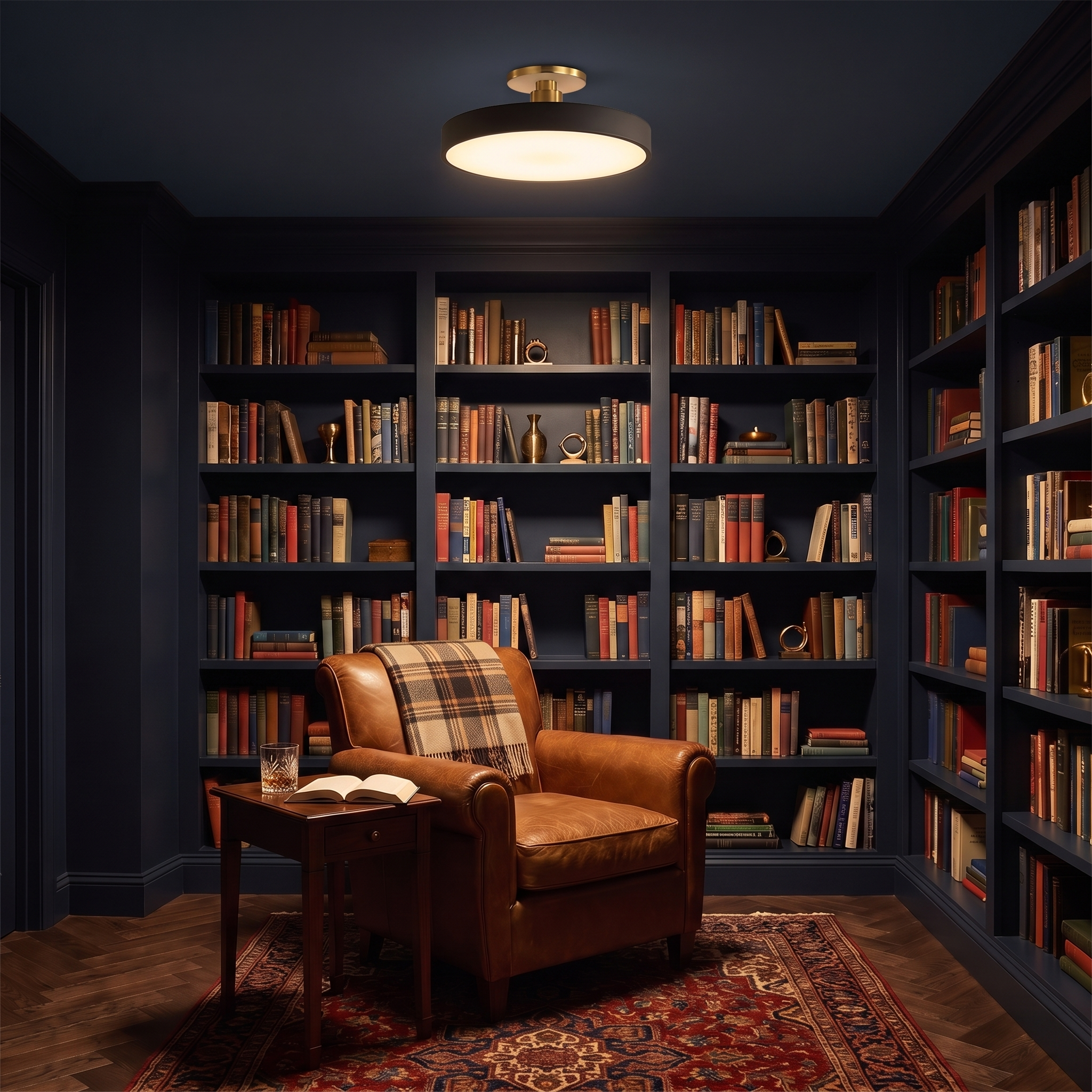 Halo ceiling light glowing in a navy home library at night