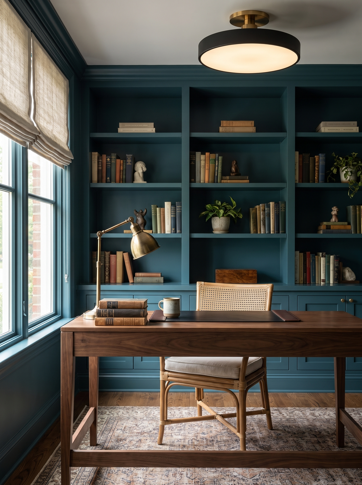 Halo ceiling light above a walnut desk in a teal study
