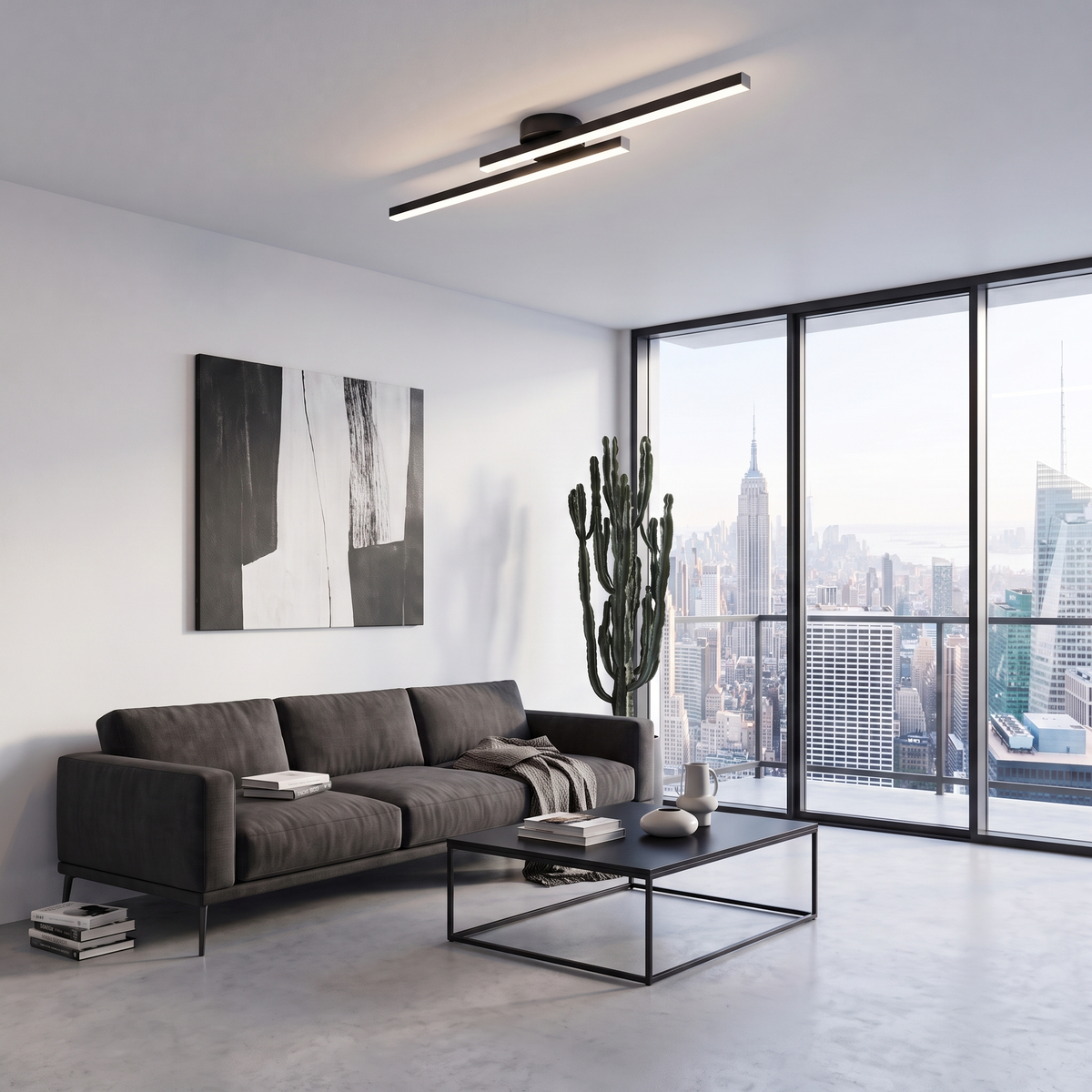 Linea black linear LED ceiling light in a minimalist city apartment