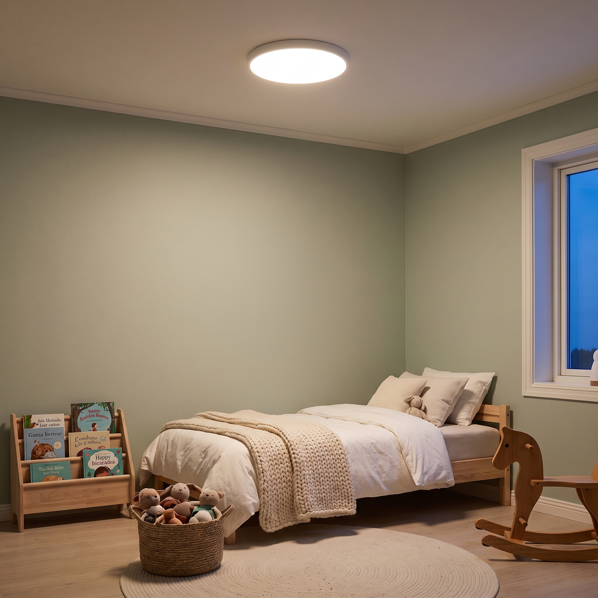 Luna round LED ceiling light glowing in a children's bedroom in the evening