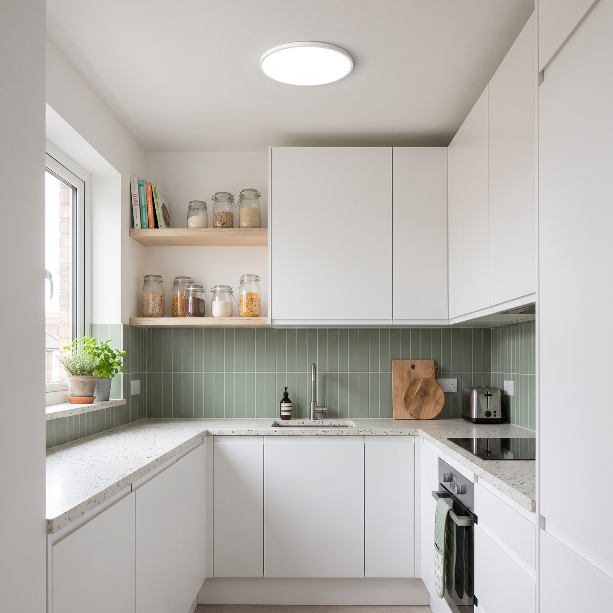 Luna slim round LED ceiling light in a compact modern galley kitchen
