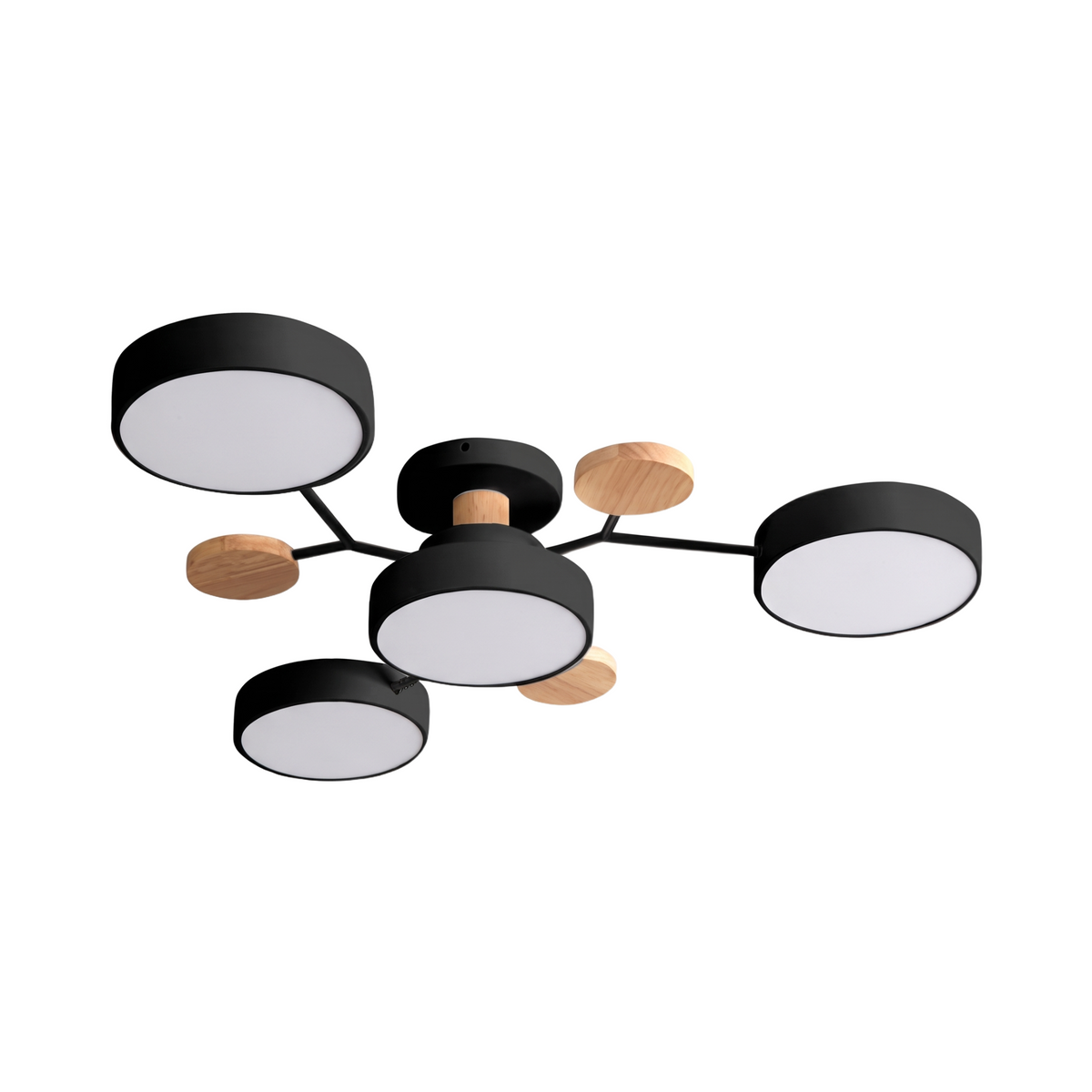Orbis black multi ring LED ceiling light with oak accents on a white background