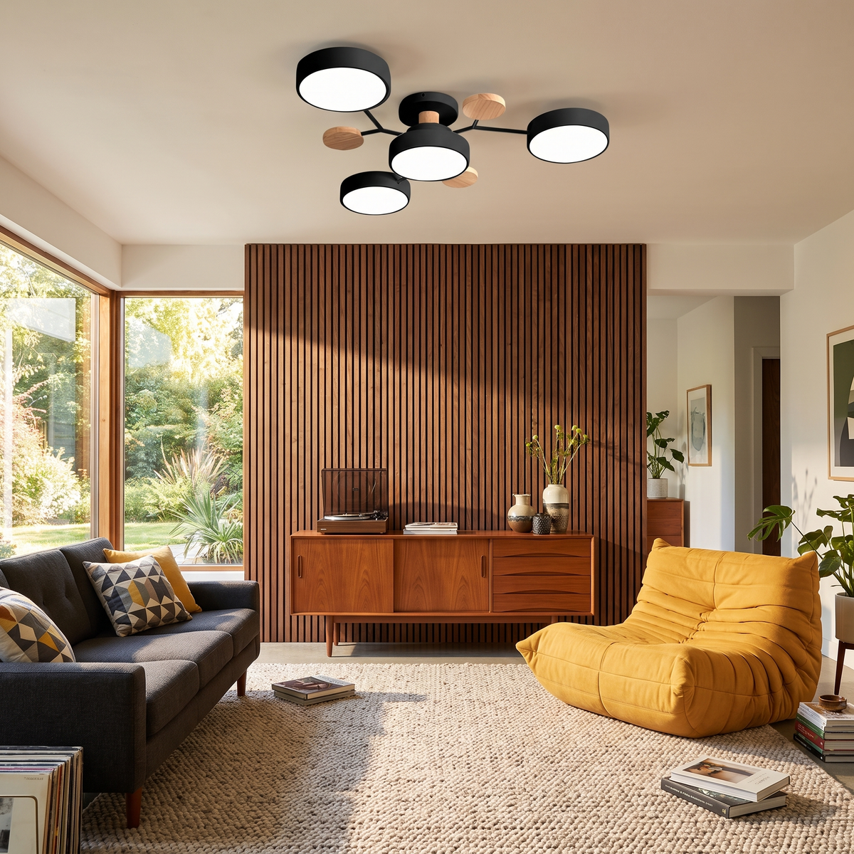 Orbis black and oak ceiling light in a mid century living room