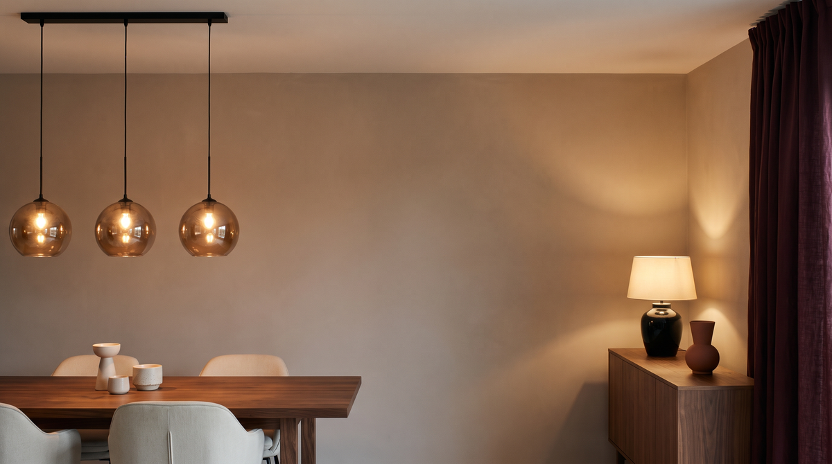 Evening dining room lit by three smoked glass globe pendants and a table lamp