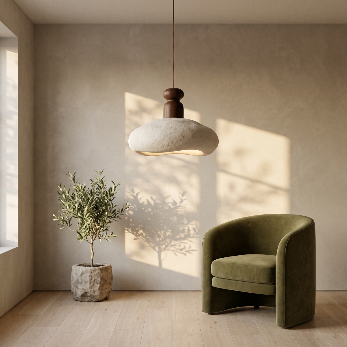 Sculptural stone and walnut pendant light above an olive green velvet chair